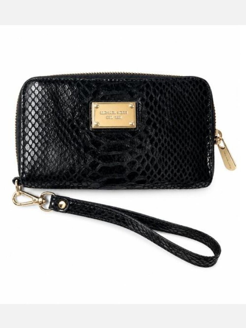 Michael Kors Essential Zip Wallet Black Embossed Python Leather Wristlet